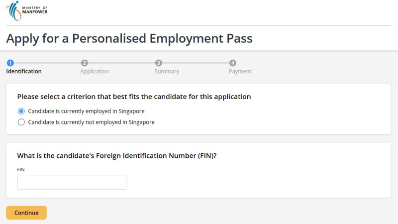 аява на отримання Personalised Employment Pass в Сингапурі